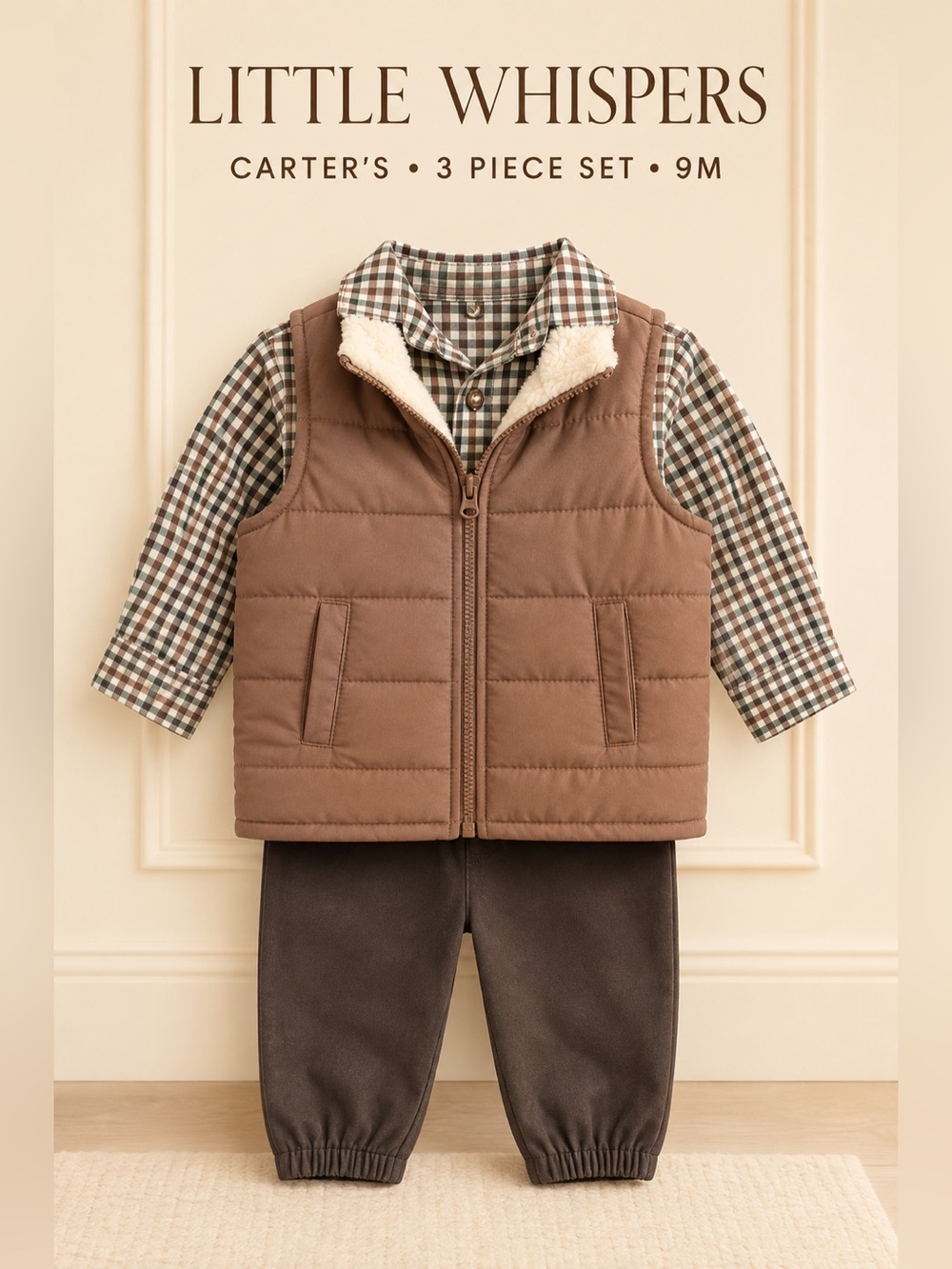 Carter's Brown Quilted Vest and Plaid Shirt Set